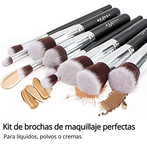 BEAKEY Set de Brochas de Maquillaje, Synthetic Kabuki para Base Polvos Colorete Contorno, con Esponja (10+2 Piezas, Negro/Plateado)