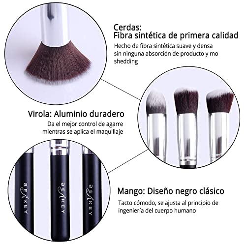 BEAKEY Set de Brochas de Maquillaje, Synthetic Kabuki para Base Polvos Colorete Contorno, con Esponja (10+2 Piezas, Negro/Plateado)