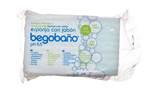 Begobaño Esponja Jabonosa Desechable. Esponja de Baño de Un Solo Uso con Gel Dermatológico e Hipoalergénico. 10 Unidades