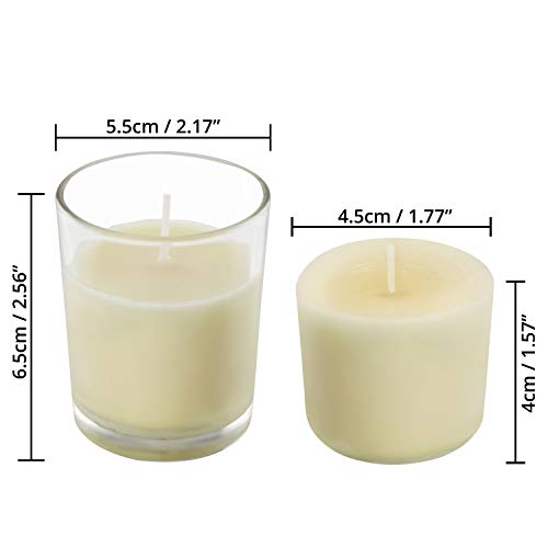 BELLE VOUS Velas en Vaso Cristal (Pack de 48) - Velas Blancas Votivas sin Aroma – 12 Horas Funcionamiento - Portavelas Cristal Transparente Velas de Cera Vertida a Mano – para Bodas, SPA, Hogar