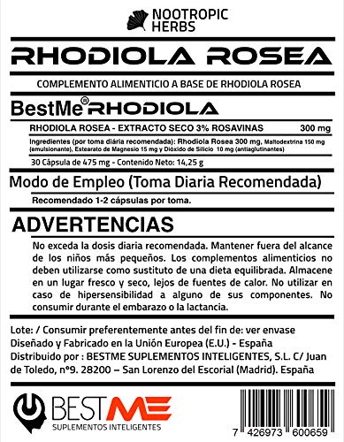 BESTME RHODIOLA ROSEA comprimidos 300mg. Suplemento para la memoria y el rendimiento mental Resistencia , Mejora el estado de ánimo - Control del Estrés - 3% de Rosavinas.30 Cápsulas