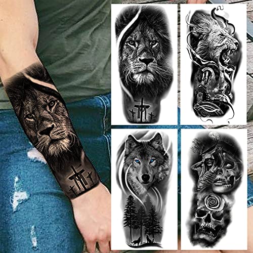 Bilizar 22 Hojas Tatuajes Temporales Adultos Mujer Hombre León Lobo Calavera Rosa Reloj Brújula Grande Kit Tatuajes Falsos Niños Niñas Negro Realista 3D Tatuajes Adhesivos Brazo Antebrazo Cuello Manga