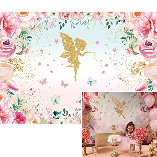 BINQOO Fondo de fondo rosa de mariposa floral de 2,1 x 1,5 m para niñas, princesa, fiesta de cumpleaños, foto de ángel flores de té, acuarela, país de las maravillas sesión de fotos suministros