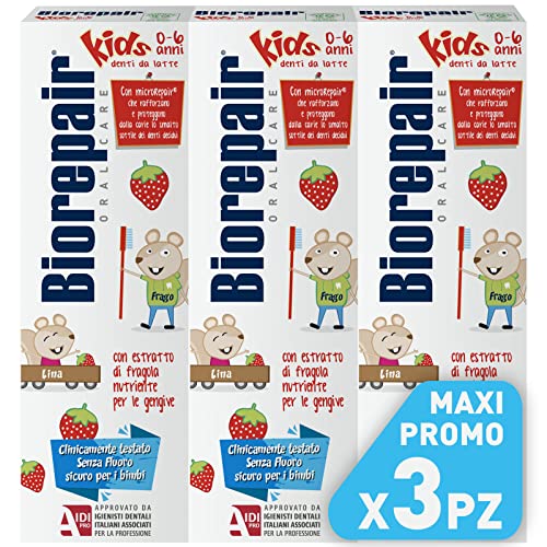 Biorepair, Pasta dentífrica Kids 0 – 6 años, pasta dentífrica para niños, sin flúor, sabor a frutas, anticaries, para ginebra sana, 3 unidades