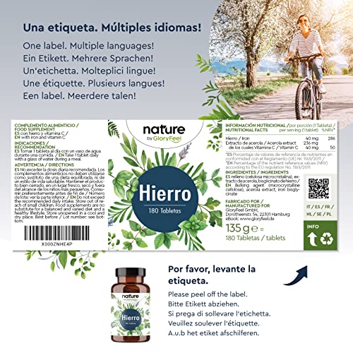 Bisglicinato de Hierro 40mg + 40mg Vitamina C natural de Acerola para una mejor absorción - 180 comprimidos veganos (Suministro para 6 meses) - Producción probada en laboratorio en Alemania