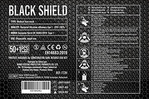 BLACK SHIELD - 51 unidades - Mascarilla Quirúrgica Tipo I Negra - Certificación CE - 3 capas - Filtración BFE > 95%.