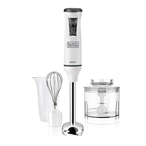 Black+Decker BXHBA600E Batidora de mano, 3 Accesorios, 600 W, INOX, Plástico, 20 Velocidades, Blanco