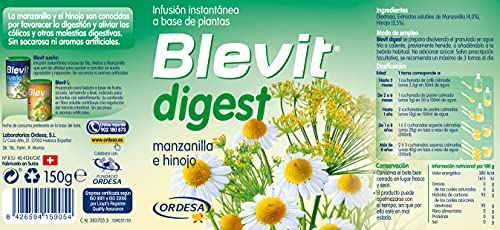 Blevit Digest - Infusión Instantánea con Manzanilla e Hinojo - Sin Gluten y Sin Azúcares Añadidos - Facilita la Digestión y la Expulsión de Gases - Para todas las edades - 150g