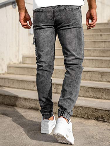 BOLF Hombre Pantalón Vaquero Cargo Jogger Denim Jeans Pantalón de Mezclilla Skinny Vaqueros Sombreado Vaqueros Ajustados de Algodón Slim Fit Estilo Urbano Red Fireball HY895 Negro M [6F6]