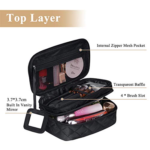 Bolsa de maquillaje, bolsa de viaje para cosméticos organizador de brochas de maquillaje estuche de almacenamiento con espejo&compartimentos, Portátil caja de aseo para mujeres y niñas-23 x 14 x 10 cm