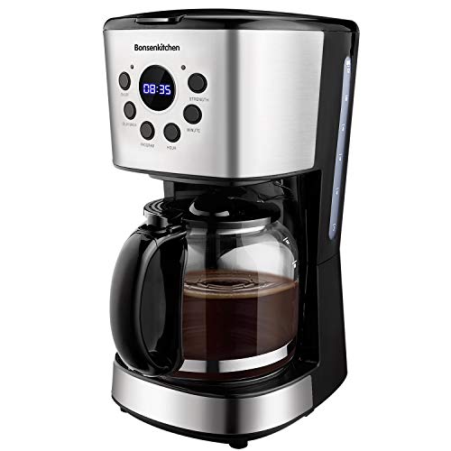 Bonsenkitchen Cafetera de Goteo, 1.5L Cafetera de Filtro con Programable y Temporizador, Jarra de Cristal Capacidad para 12 Tazas, Filtro Reutilizable, LED Pantalla, Sistema Antigoteo, 900W (CM8004)