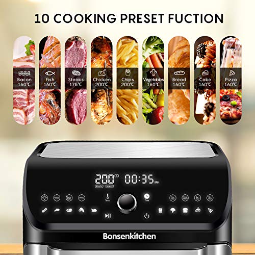 Bonsenkitchen Freidora sin Aceite 10L, 1500W Horno de Aire con 10 programas, Pantalla LED Táctil, Temperatura y Tiempo ajustable, Freidora de Aire Caliente con 6 Accesorios Gratis y Recetas