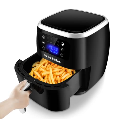 Bonsenkitchen Freidora sin Aceite 6L, Freidora Aire Caliente con 9 Programas, Temperatura y tiempo ajustable, freidora de aire sin aceites, cesta antiadherente, Sin BPA ni PFOA