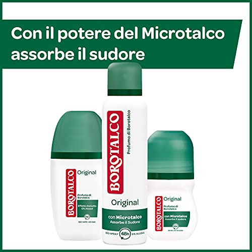 Borotalco, Desodorante Roll-On Original con Microtalco, absorbe el sudor, sin alcohol, piel suave e hidratada, perfume de borotalco, desodorante para hombre y mujer, 6 botellas de 50 ml