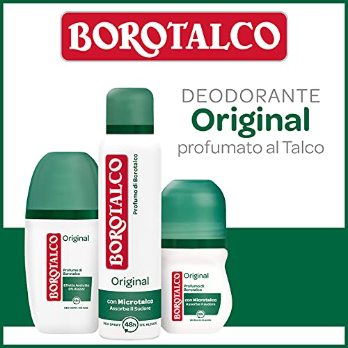 Borotalco, Desodorante Roll-On Original con Microtalco, absorbe el sudor, sin alcohol, piel suave e hidratada, perfume de borotalco, desodorante para hombre y mujer, 6 botellas de 50 ml