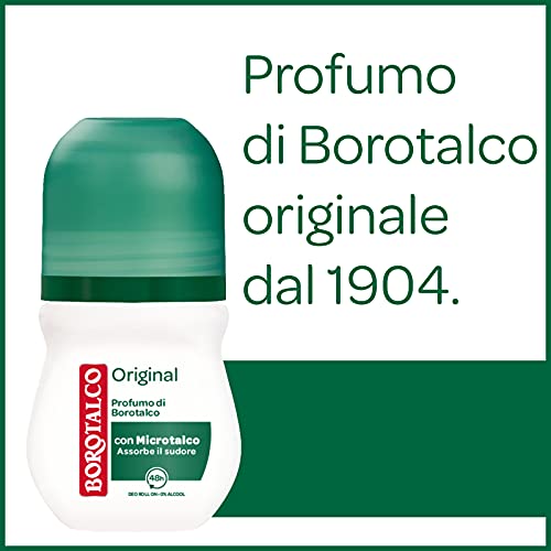 Borotalco, Desodorante Roll-On Original con Microtalco, absorbe el sudor, sin alcohol, piel suave e hidratada, perfume de borotalco, desodorante para hombre y mujer, 6 botellas de 50 ml