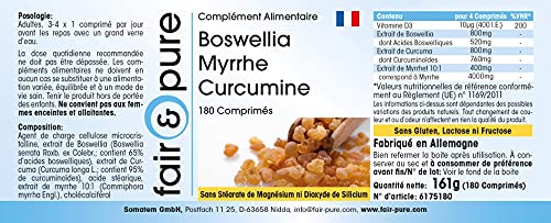 Boswellia Mirra y Curcumina con vitamina D3 - Alta pureza -180 Comprimidos