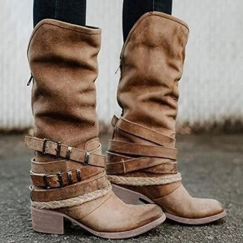 Botas de equitación para mujer, estilo retro, con cremallera, para otoño, con tacón alto, botas de invierno, botas largas, botas de vaquero occidental, botas de vaquero