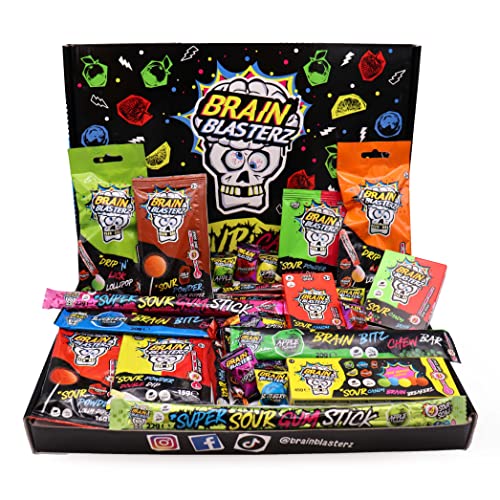 Brain Blasterz - Caja de regalo de dulces superácidos: caramelo ácido, palo de goma ácido, caramelo en aerosol, Brain Breakerz de sabor manzana, fresa, cola y más - Caja de dulces de Halloween