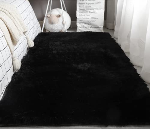 Brandname Alfombra De Pelo Largo, Antideslizante Super Suave Pelo Largo Fluffy Alfombra, para el Salón, Dormitorio, Comedor, Habitación Infantil Cabecera Alfombras (Negro, 80x160 cm)