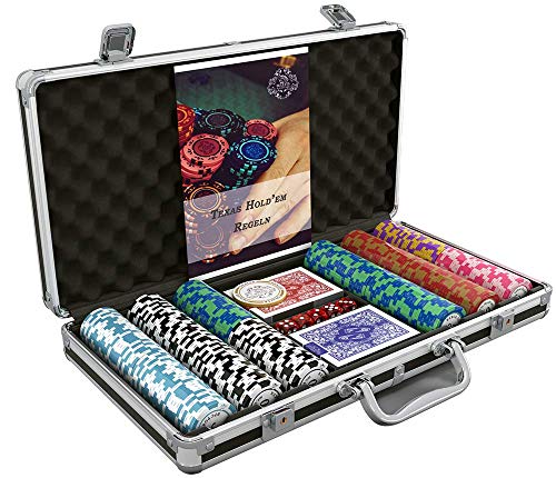 Bullets Playing Cards Maletin poker set profesional. Estuche con cartas y fichas poker. 300 Poker chips numeradas y baraja de cartas de plastico impermeables. Incluye instrucciones del juego de poker