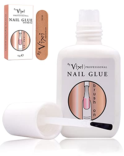 By Vixi 1 x 15g PEGAMENTO PARA UÑAS ULTRAFUERTE con PINCEL y LIMA DE PREPARACIÓN GRATUITA Adhesivo transparente con secado instantáneo, calidad de salón de belleza profesional