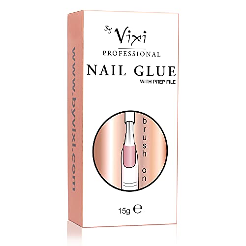 By Vixi 1 x 15g PEGAMENTO PARA UÑAS ULTRAFUERTE con PINCEL y LIMA DE PREPARACIÓN GRATUITA Adhesivo transparente con secado instantáneo, calidad de salón de belleza profesional