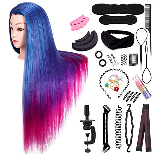 Cabeza de Maniquí Peluqeuría, Vibury 66cm Cabeza de Entrenamiento para Peluqueros, Colorido Practicas Formación Muñeca de la Cosmetología con Soporte + Accesorios de Peinado Kit Set