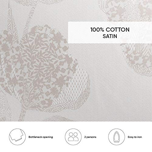 Cacharel - Funda nórdica 100 % algodón y 2 fundas de almohada - Reversible y fácil de planchar (Lace Taupe, 260 x 240 cm)