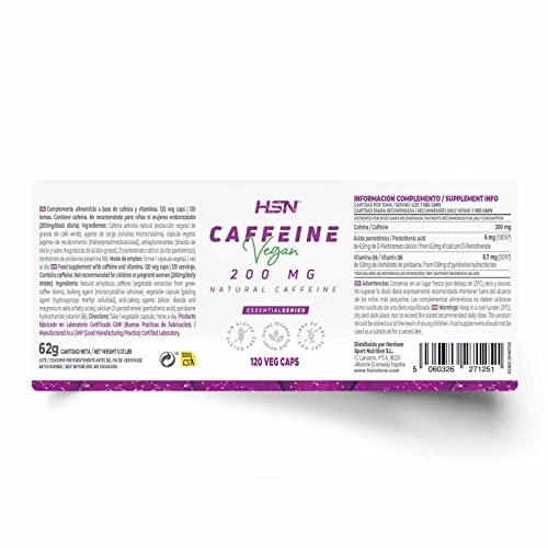 Cafeína Natural de HSN | 120 Cápsulas Vegetales de 200 mg de Cafeína Pura y Efecto Inmediato | Procedente de Granos de Café Verde | Suplemento Estimulante | No-GMO, Vegano, Sin Gluten