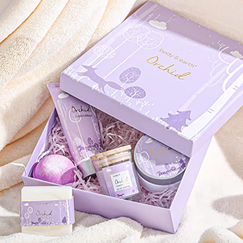 Caja de Regalo Mujer, Body & Earth Set de Baño Mujer Regalo 5 Piezas Aroma de Orquídea Incluye Vela Perfumada, Manteca Corporal, Crema de Manos, Sal de Baño Cestas Regalo Mujer Ideal para Hogar Spa