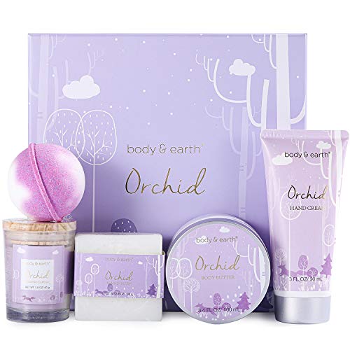 Caja de Regalo Mujer, Body & Earth Set de Baño Mujer Regalo 5 Piezas Aroma de Orquídea Incluye Vela Perfumada, Manteca Corporal, Crema de Manos, Sal de Baño Cestas Regalo Mujer Ideal para Hogar Spa