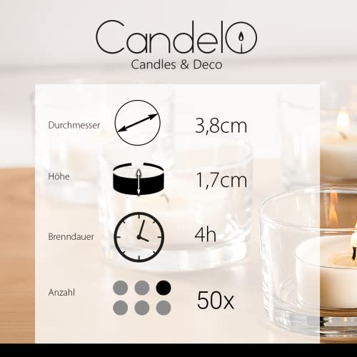 Candelo - Juego de 50 velas aromáticas (aroma a vainilla, 3,8 x 1,7 cm, 4 horas de combustión, velas de té en color blanco)