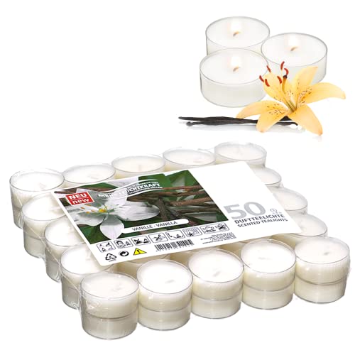 Candelo - Juego de 50 velas aromáticas (aroma a vainilla, 3,8 x 1,7 cm, 4 horas de combustión, velas de té en color blanco)