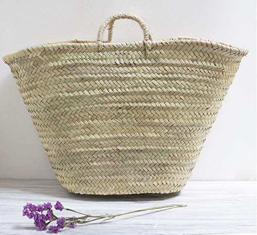 Capazo de Palma Básico, con Asas Corta de Pita. Cesto o Bolso de Mimbre para la Playa, Fibras Naturales. (9V, Aprox. 48x29 cm)