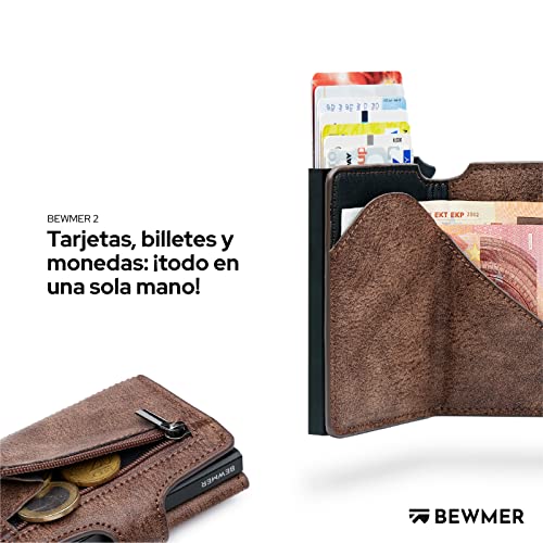 Cartera Tarjetero BEWMER 2 para Hombre y Mujer con Monedero | Billetera Minimalista Porta Tarjetas de Crédito (Protección RFID), Billetes y Monedas (Marrón)