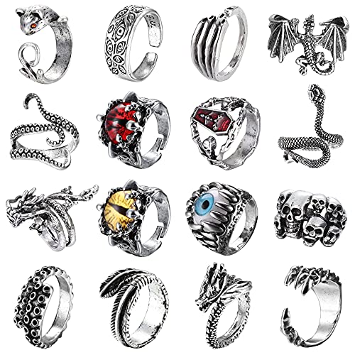 CASSIECA 16 Aiezas de Anillos Punk Vintage para Mujeres Hombres Plateado Dragón Garra de Serpiente Calavera Pulpo Ojos del Infierno Juego de Anillos Góticos Ajustables Abiertos