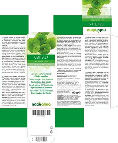 CENTELLA (Centella asiática) NATURALMA| 20% Asiaticósido | 120 comprimidos de 500 mg | Imperfecciones de la celulitis | Complemento alimenticio con extracto titulado y concentrado | Vegano