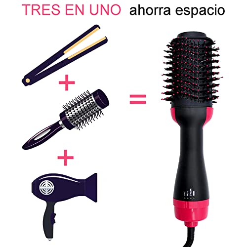 Cepillo de Aire Caliente Portátil, Cepillo Secador de Pelo Secador Moldeador Rizador y Plancha, 3 modos, Multifunción Secador de con Iones Negativos para Peinado de Salón de Belleza (Rosado)