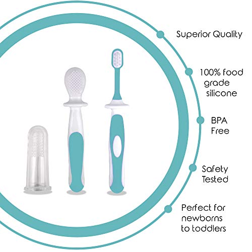 Cepillo de dientes de bebé 0-2 años – Juego de 3 piezas con cepillo de dientes de bebé y cepillo de dientes masticable para la dentición del bebé (azulado)