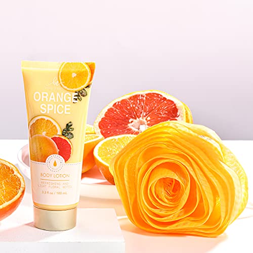 Cestas Regalo Mujer, Body & Earth Set Regalo Mujer 4 Piezas Fragancia Naranja con Gel de Ducha, Baño de Burbujas, Loción Corporal, Flor de Baño Pack Regalo Mujer para Cumpleaños Navidad Aniversario