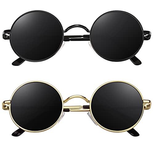 CGID E01 Gafas de Sol Polarizadas para Hombres y Mujeres Pack 2 Estilo Lennon Círculo Metálico Redondas