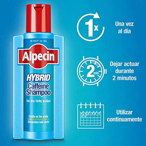 Champú Alpecin Hybrid 2x 375 ml | Champú natural para el crecimiento del cabello con cuero cabelludo sensible y seco | Energizante para cabello fuerte | Cuidado del cabello para hombres