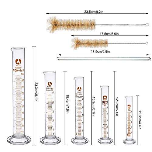 Cilindros de Medición, JESSTOLO 5 Piezas Juego de Cilindro de Medicion de Vidrio 5ml 10ml 25ml 50ml 100ml, con 3 Pipetas de Vidrio, 3 Cepillos de Limpieza y 2 Varillas de Agitación de Vidrio