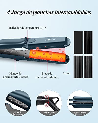 CkeyiN Plancha de Crimpar, 4 en 1 Plancha de Pelo,Ceramic Crimper con Revestimiento de Cerámica Alisadora y Rizadora Adecuada,4 placas de cerámica de titanio intercambiables,Azul