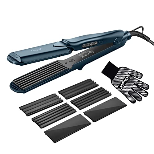 CkeyiN Plancha de Crimpar, 4 en 1 Plancha de Pelo,Ceramic Crimper con Revestimiento de Cerámica Alisadora y Rizadora Adecuada,4 placas de cerámica de titanio intercambiables,Azul