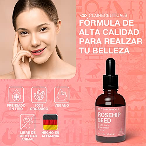 CLAIRECEUTICALS Aceite Rosa Mosqueta Puro 100% - Aceite de Rosa Mosqueta para Cicatrices - Aceite de Mosqueta para Estrias - Aceite de Rosa Mosqueta 100 Puro - Aceite Puro Rosa Mosqueta Facial, 50ml