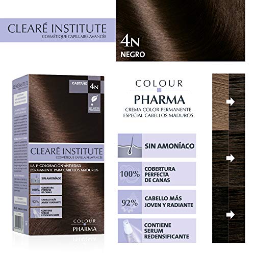 CLEARÉ INSTITUTE Colour Pharma, tinte Sin Ppd Ni Amonicaco, Coloración Antiedad, 100% Cobertura de Canas Rebeldes, con Serum Redensificante, 4n. Castaño, 80ml