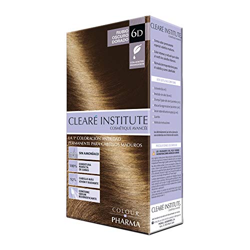 CLEARÉ INSTITUTE Colour Pharma, Tinte Sin Ppd Ni Amonicaco, Coloración Antiedad, 100% Cobertura de Canas Rebeldes, con Serum Redensificante, 6D Rubio Oscuro Dorado, 80ml