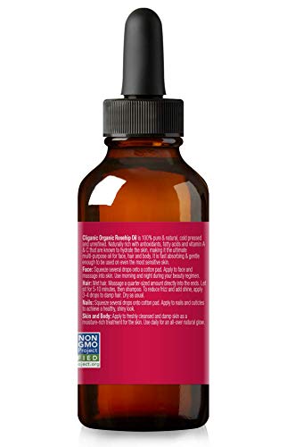 Cliganic Aceite de Rosa Mosqueta Bio, 100% Puro Ecologico (30ml) prensado en frio, natural vegano | para cabello, cara, cuticulas, pelo | certificado orgánico vegetal | 90 días garantía
